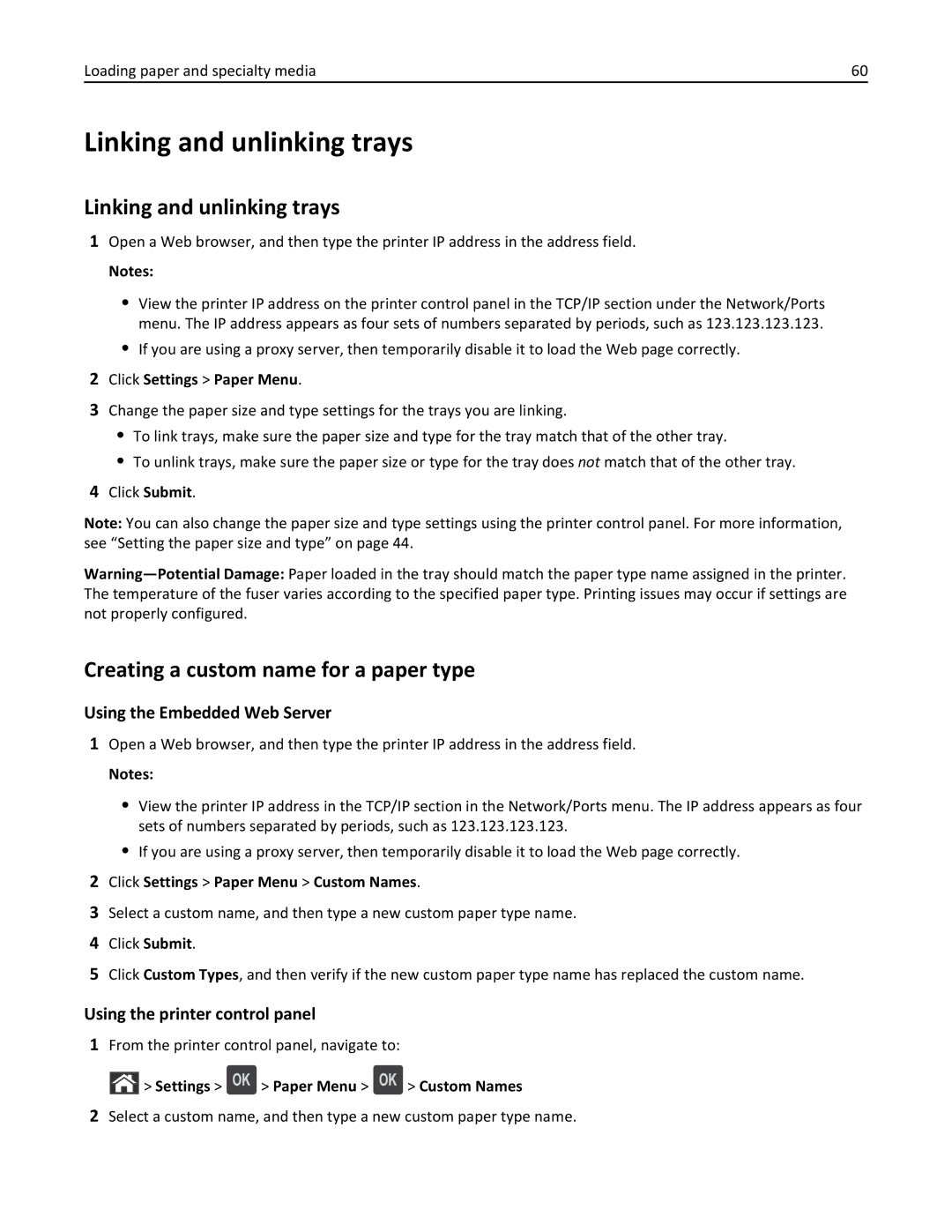 Dell B5460DN manual Linking and unlinking trays, Creating a custom name for a paper type 