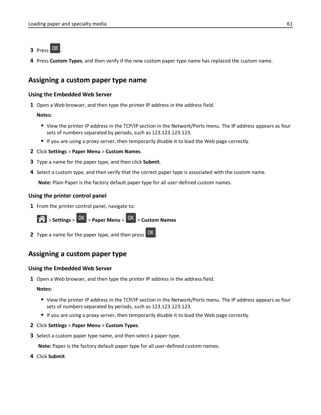 Dell B5460DN manual Assigning a custom paper type name, Type a name for the paper type, and then press 