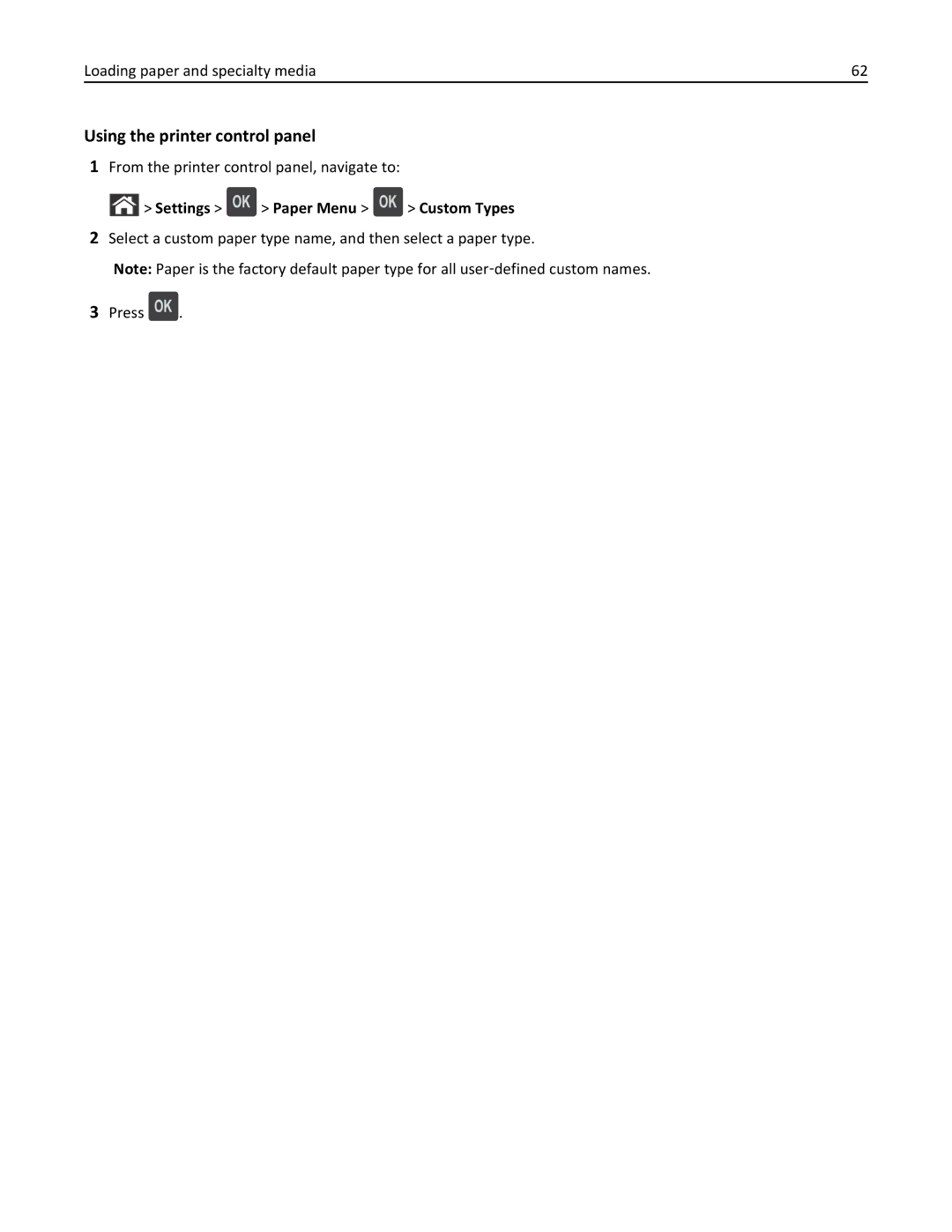 Dell B5460DN manual Settings Paper Menu Custom Types 