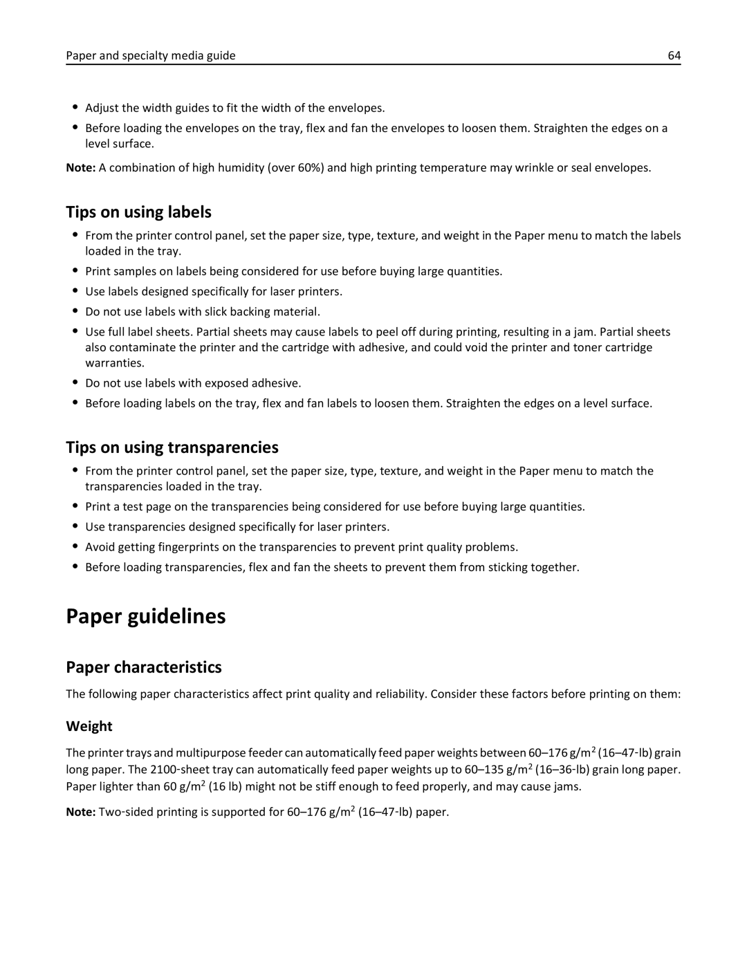 Dell B5460DN manual Paper guidelines, Tips on using labels, Tips on using transparencies, Paper characteristics, Weight 