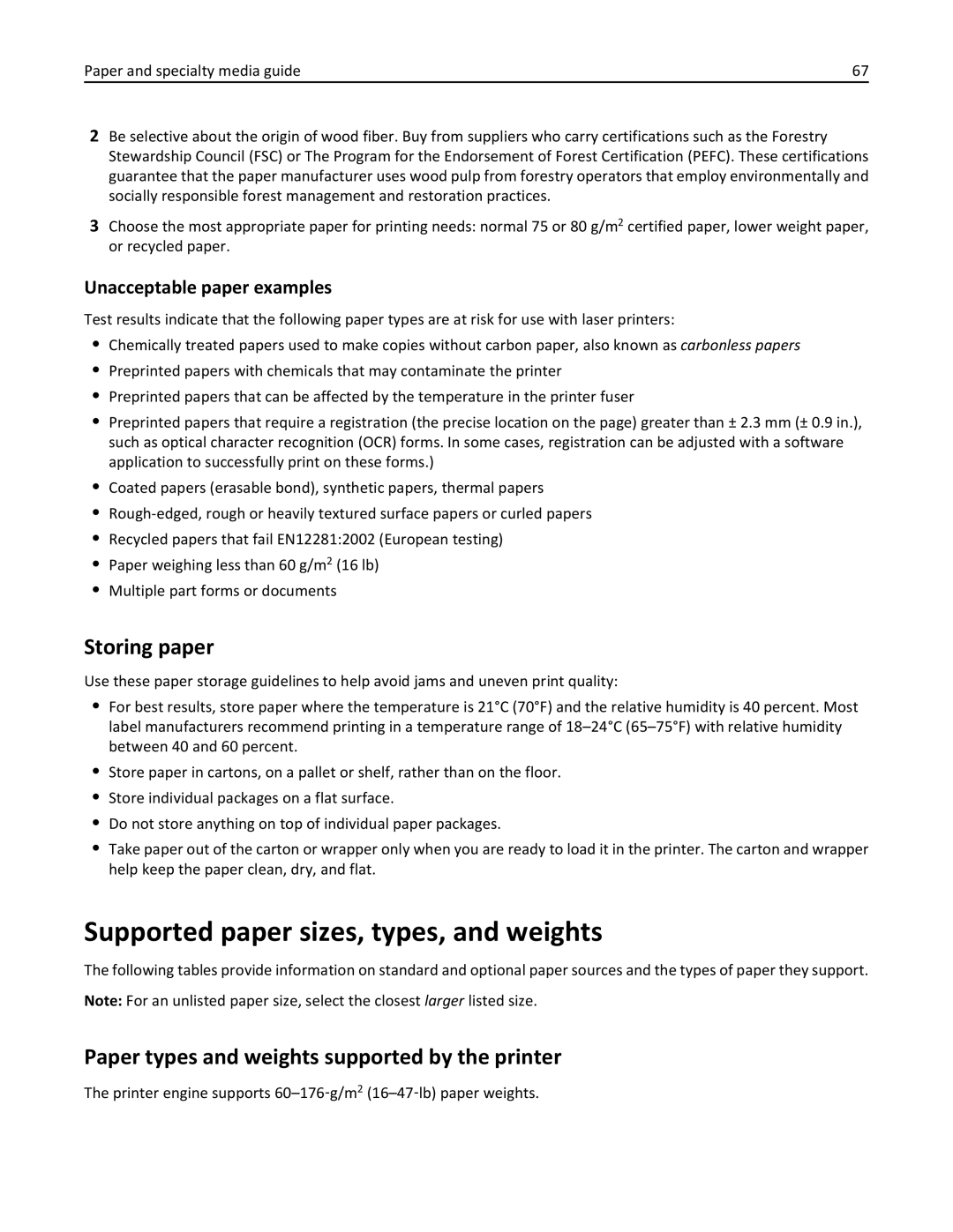 Dell B5460DN Supported paper sizes, types, and weights, Storing paper, Paper types and weights supported by the printer 