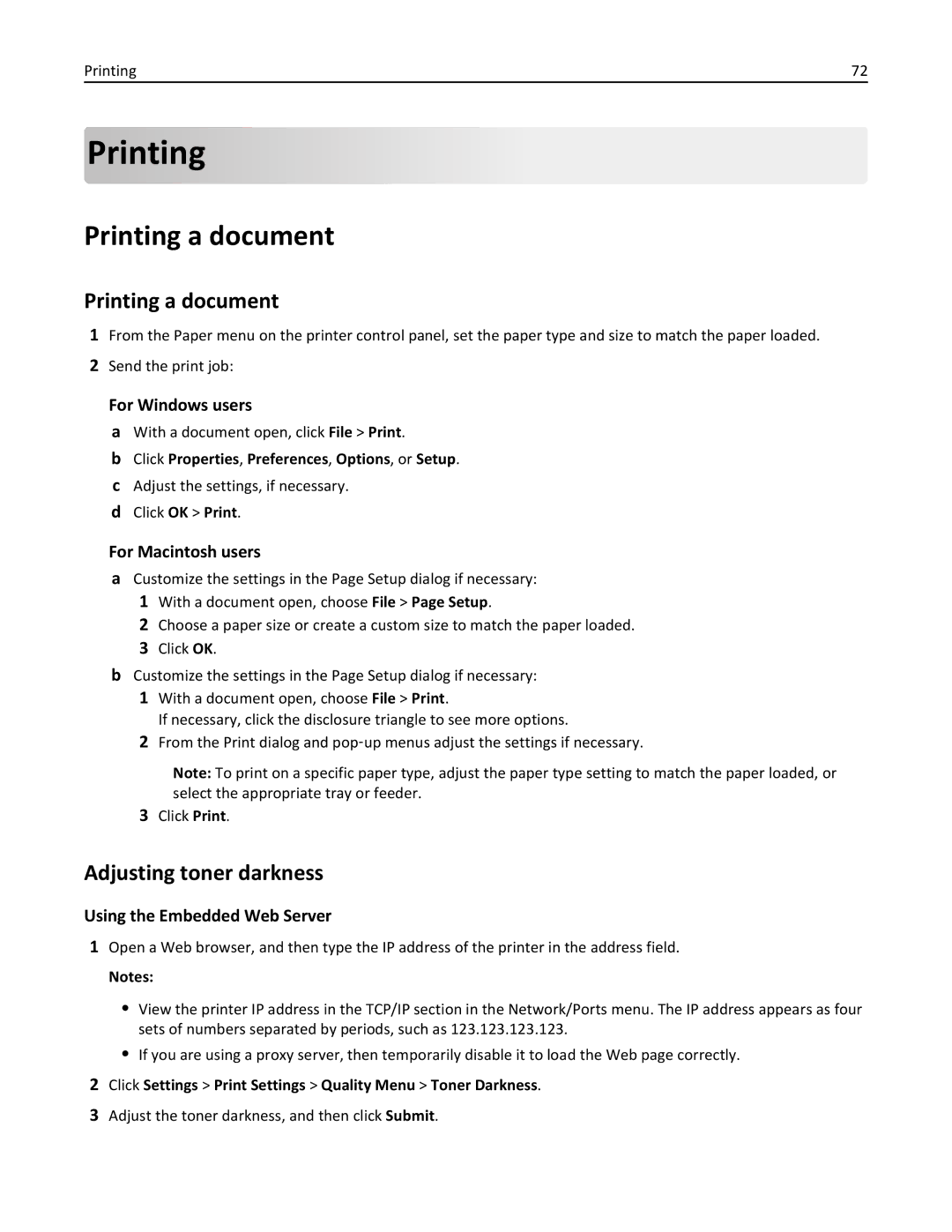 Dell B5460DN Printing a document, Adjusting toner darkness, Click Settings Print Settings Quality Menu Toner Darkness 