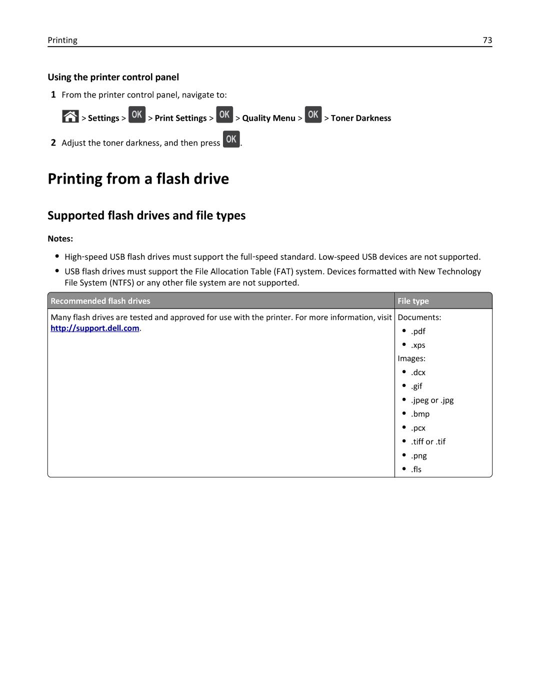 Dell B5460DN Printing from a flash drive, Supported flash drives and file types, Adjust the toner darkness, and then press 