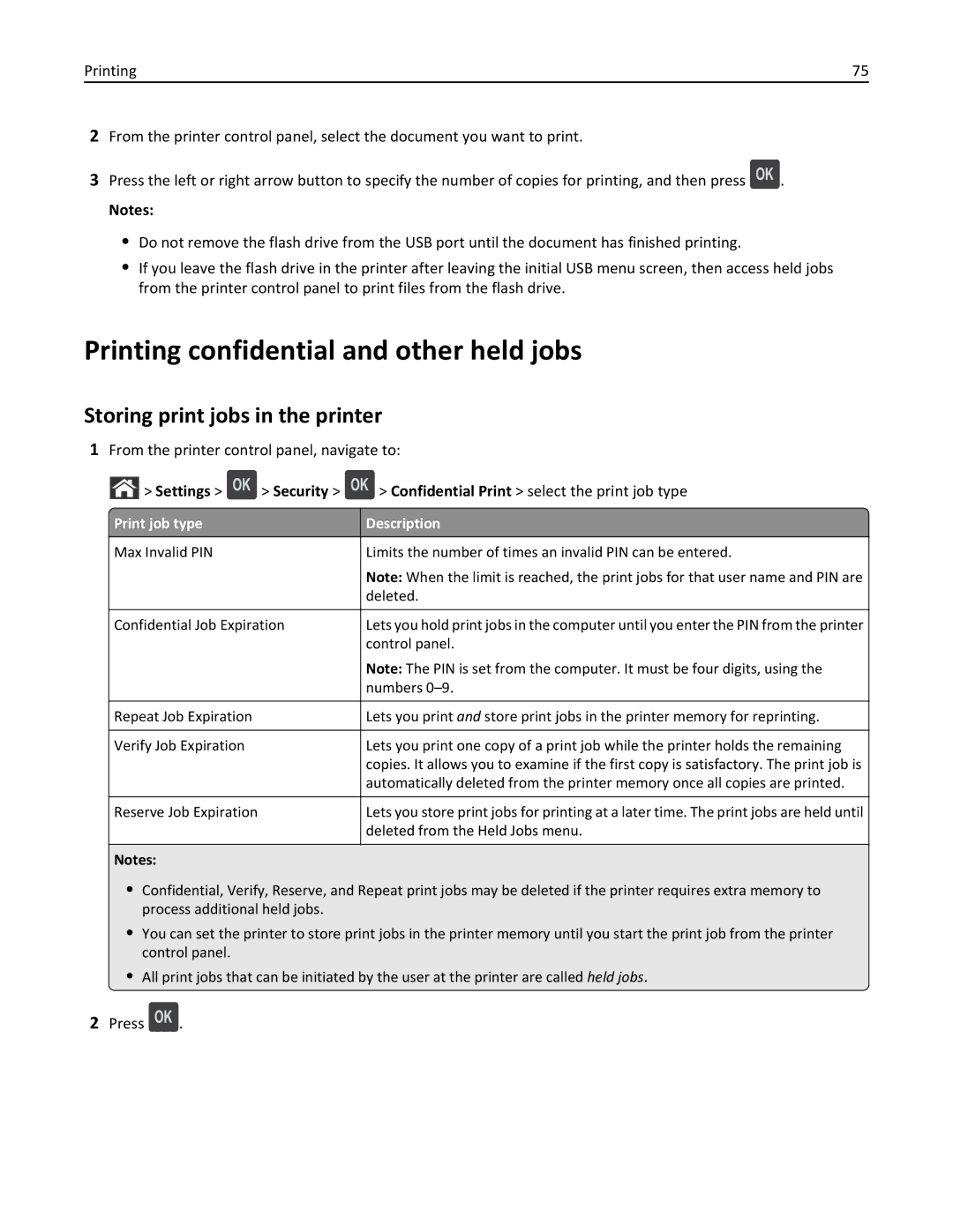 Dell B5460DN manual Printing confidential and other held jobs, Storing print jobs in the printer, Settings Security 