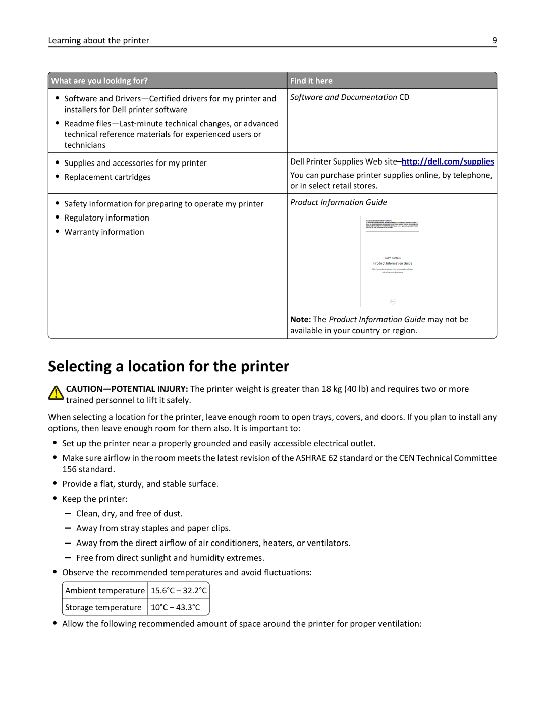 Dell B5460DN manual Selecting a location for the printer, Software and Documentation CD 