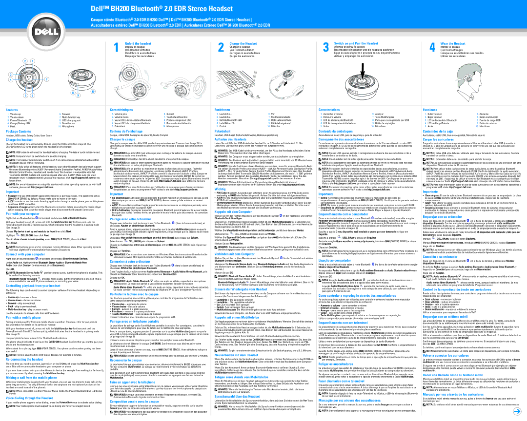 Dell BH200 manual Package Contents, Paketinhalt Conteúdo da embalagem, Charge the headset Charger le casque, Wichtig 