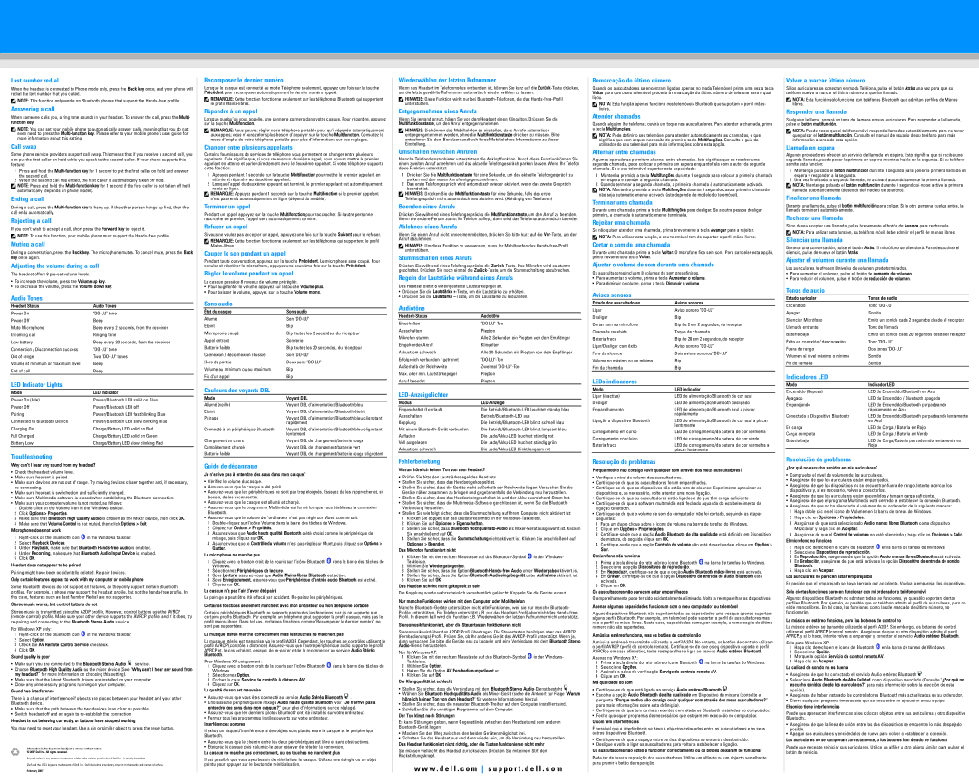 Dell BH200 Last number redial, Answering a call, Call swap, Ending a call, Rejecting a call, Muting a call, Audio Tones 