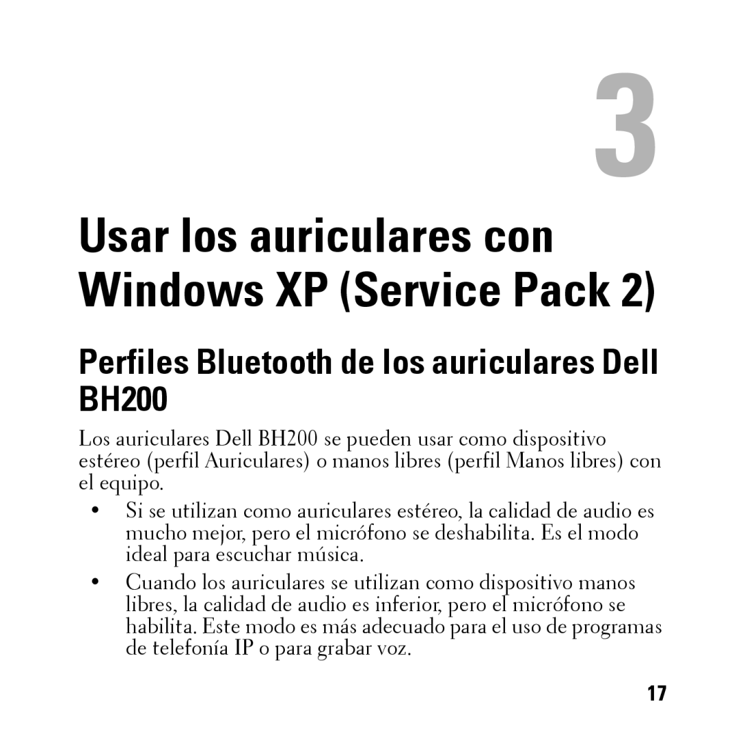 Dell owner manual Usar los auriculares con Windows XP Service Pack, Perfiles Bluetooth de los auriculares Dell BH200 