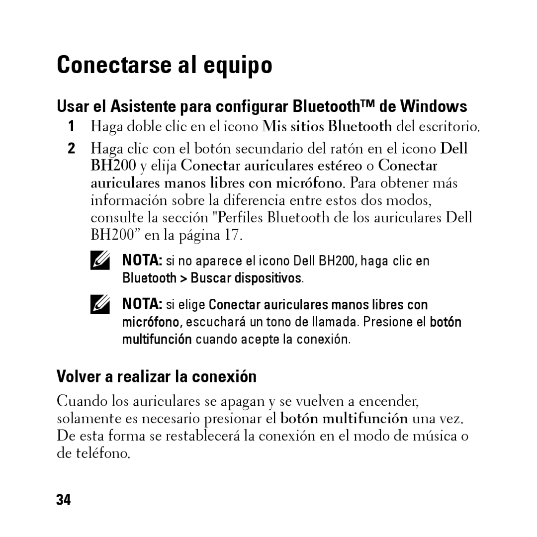 Dell BH200 owner manual Conectarse al equipo, Volver a realizar la conexión 