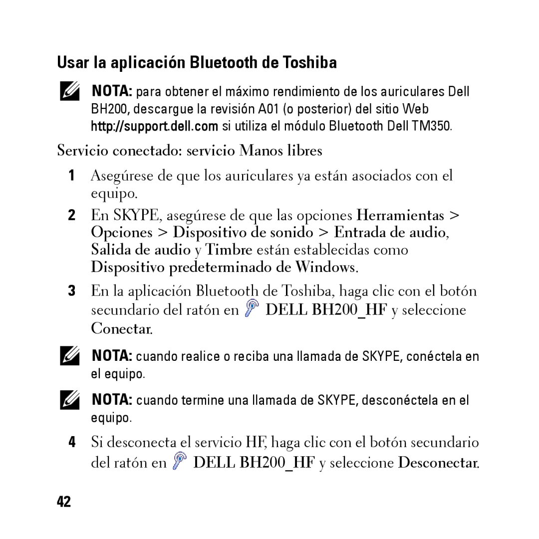 Dell BH200 owner manual Usar la aplicación Bluetooth de Toshiba, Servicio conectado servicio Manos libres 