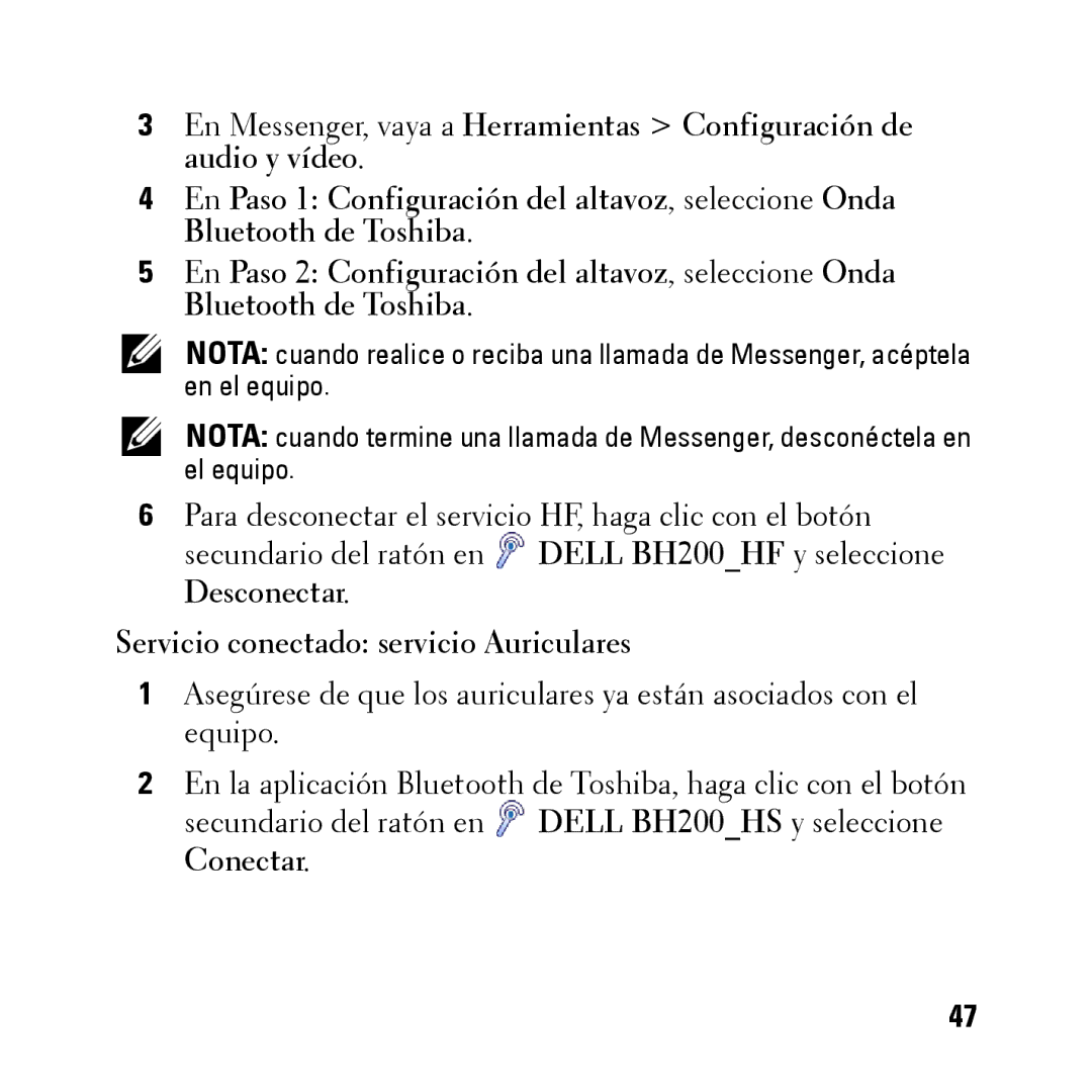 Dell BH200 owner manual Servicio conectado servicio Auriculares 