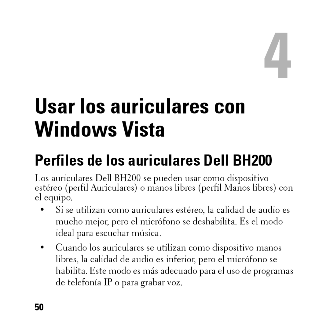 Dell owner manual Usar los auriculares con Windows Vista, Perfiles de los auriculares Dell BH200 