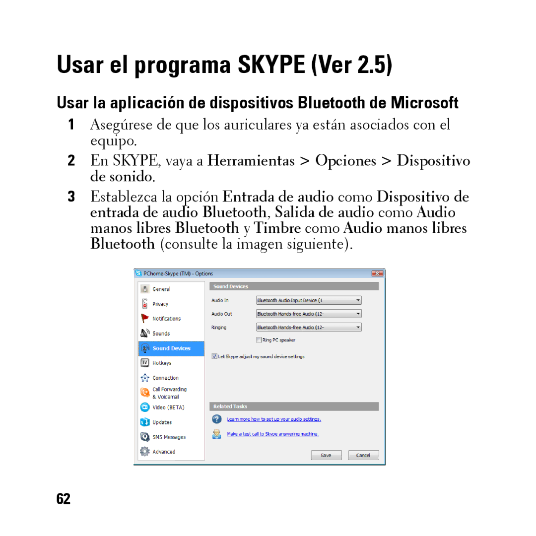 Dell BH200 owner manual Usar el programa Skype Ver, Usar la aplicación de dispositivos Bluetooth de Microsoft 