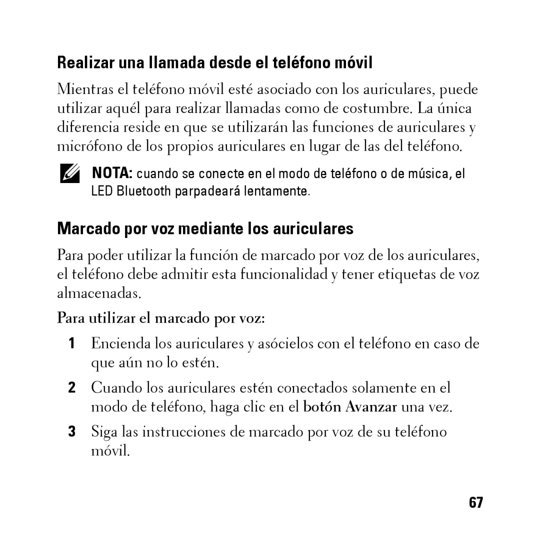 Dell BH200 owner manual Realizar una llamada desde el teléfono móvil, Marcado por voz mediante los auriculares 