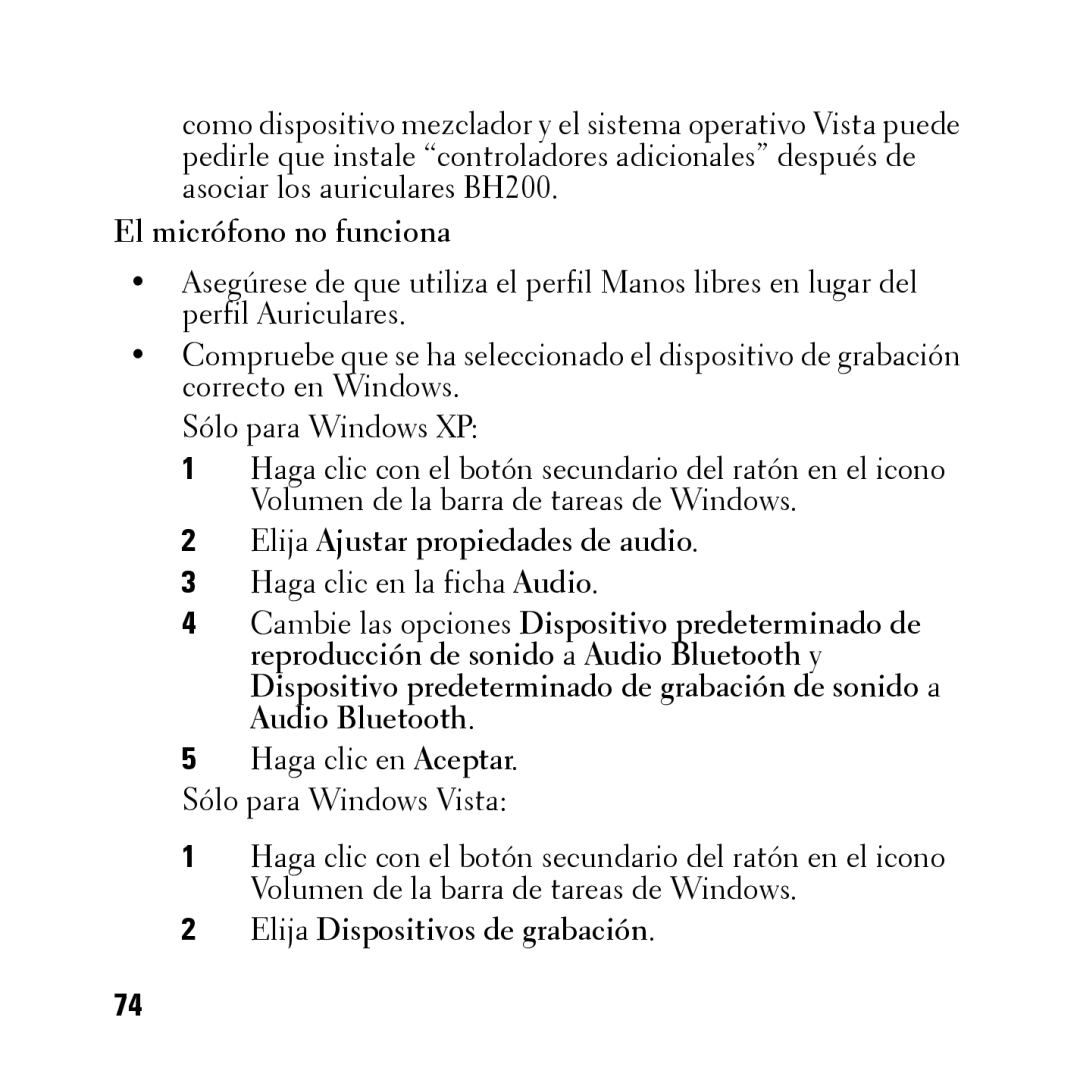 Dell BH200 owner manual El micrófono no funciona, Elija Ajustar propiedades de audio, Elija Dispositivos de grabación 