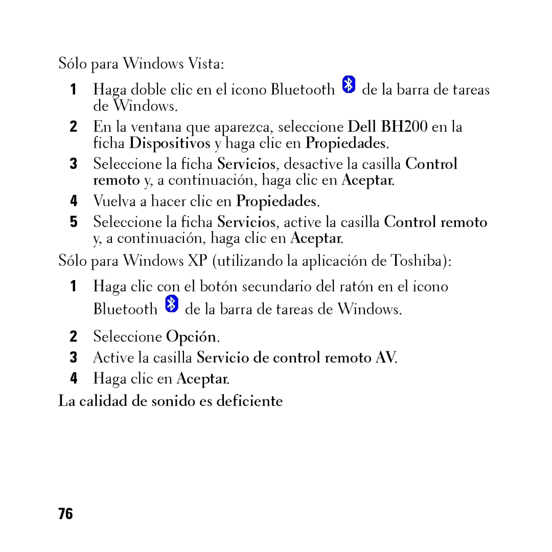 Dell BH200 owner manual Active la casilla Servicio de control remoto AV, La calidad de sonido es deficiente 