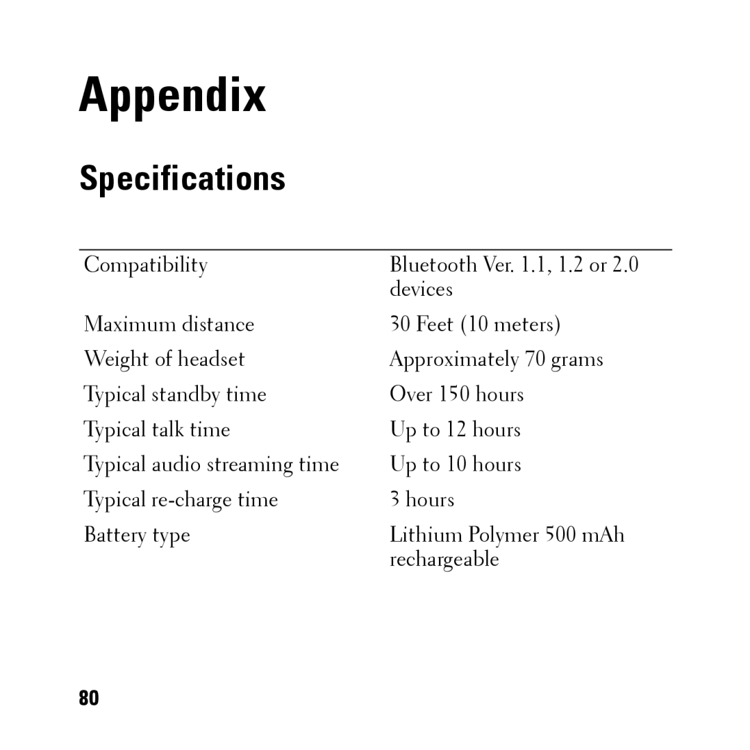 Dell BH200 owner manual Appendix, Specifications 