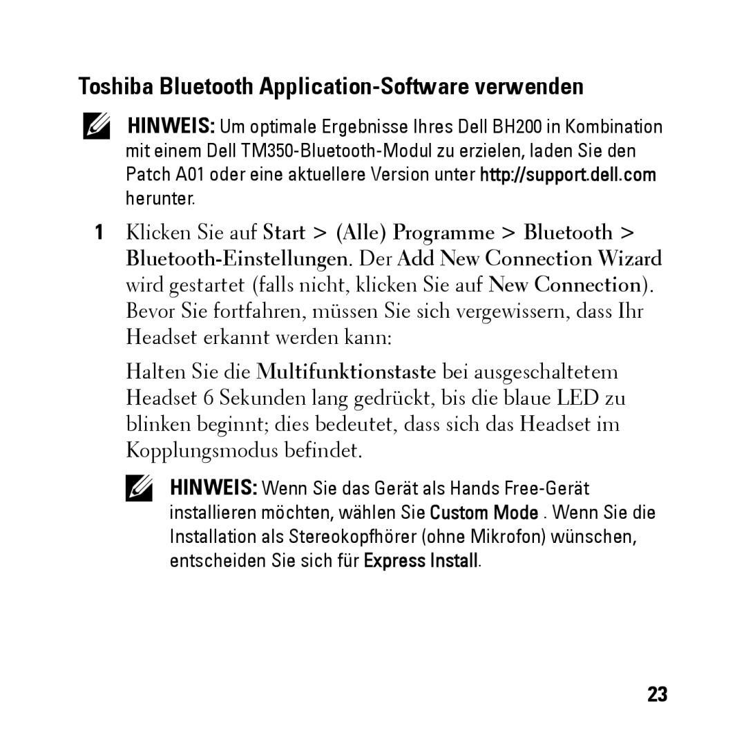 Dell BH200 owner manual Toshiba Bluetooth Application-Software verwenden 