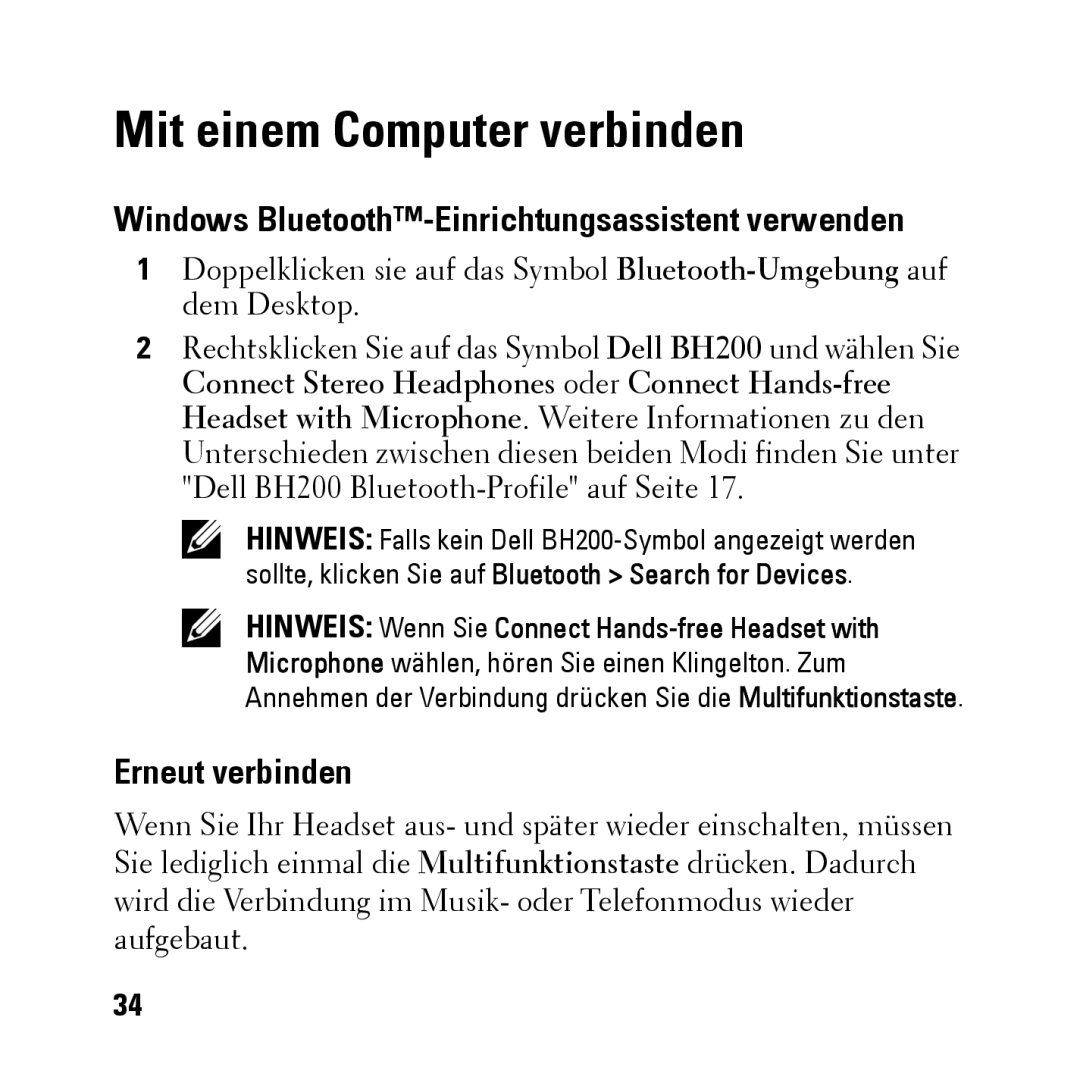 Dell BH200 owner manual Mit einem Computer verbinden, Erneut verbinden 