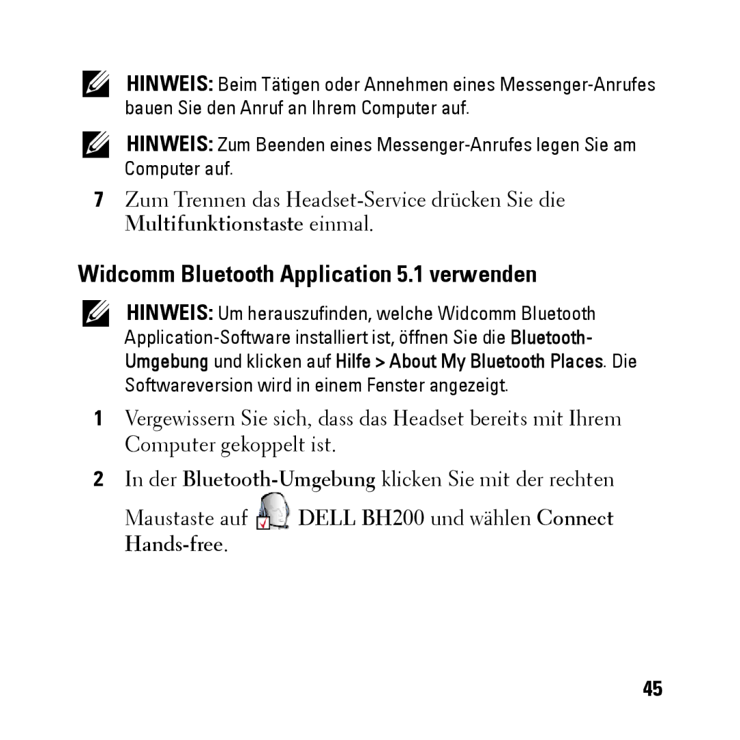 Dell BH200 owner manual Widcomm Bluetooth Application 5.1 verwenden 