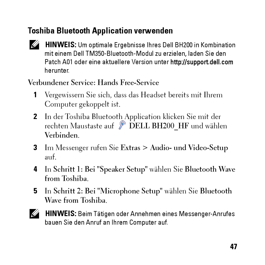 Dell BH200 owner manual Toshiba Bluetooth Application verwenden 