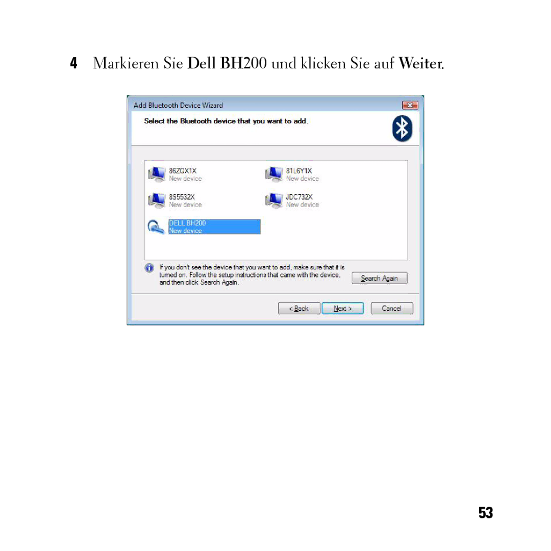 Dell owner manual Markieren Sie Dell BH200 und klicken Sie auf Weiter 