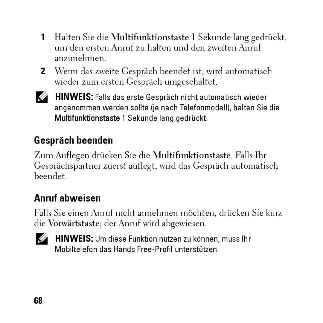 Dell BH200 owner manual Gespräch beenden, Anruf abweisen 