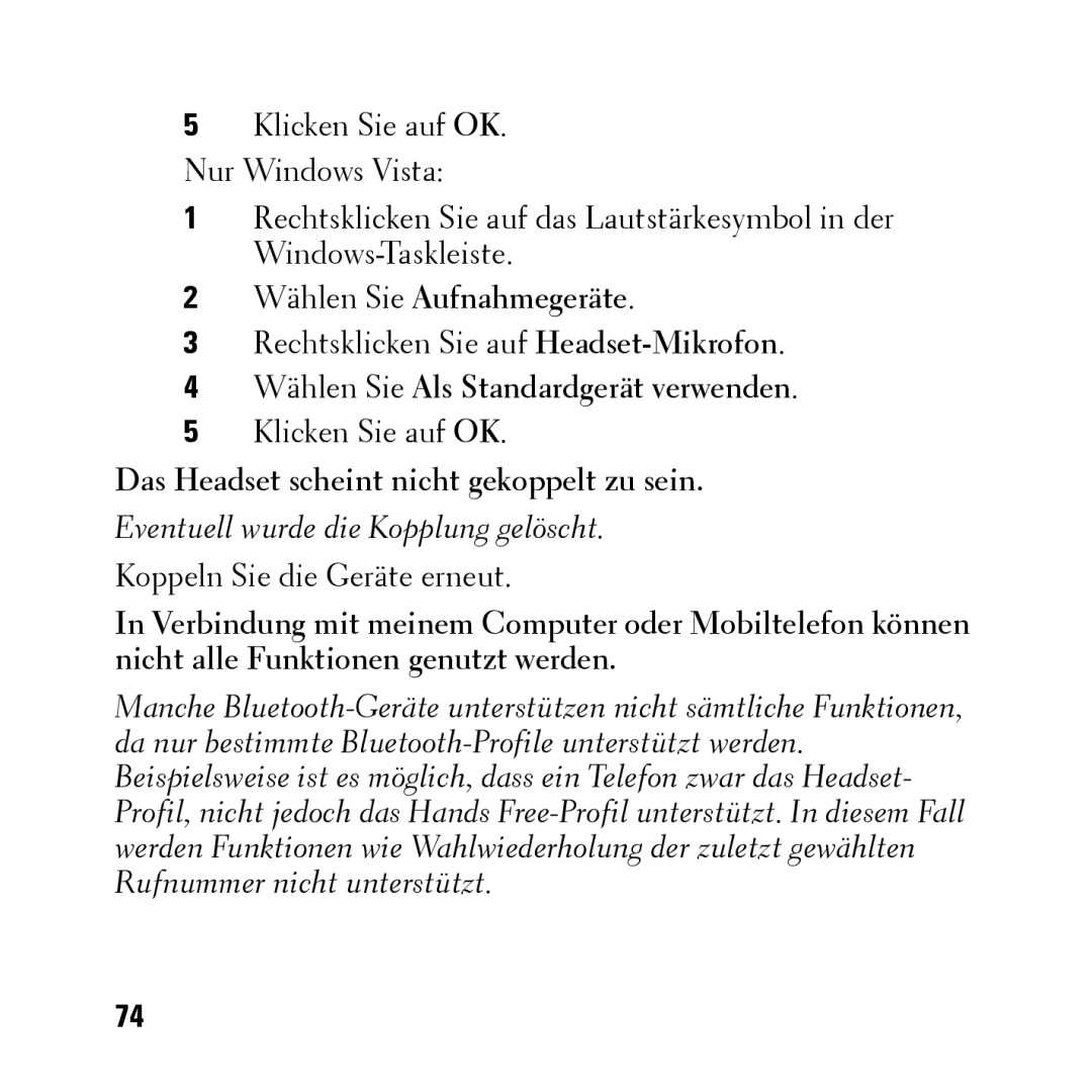 Dell BH200 owner manual Wählen Sie Aufnahmegeräte, Das Headset scheint nicht gekoppelt zu sein 