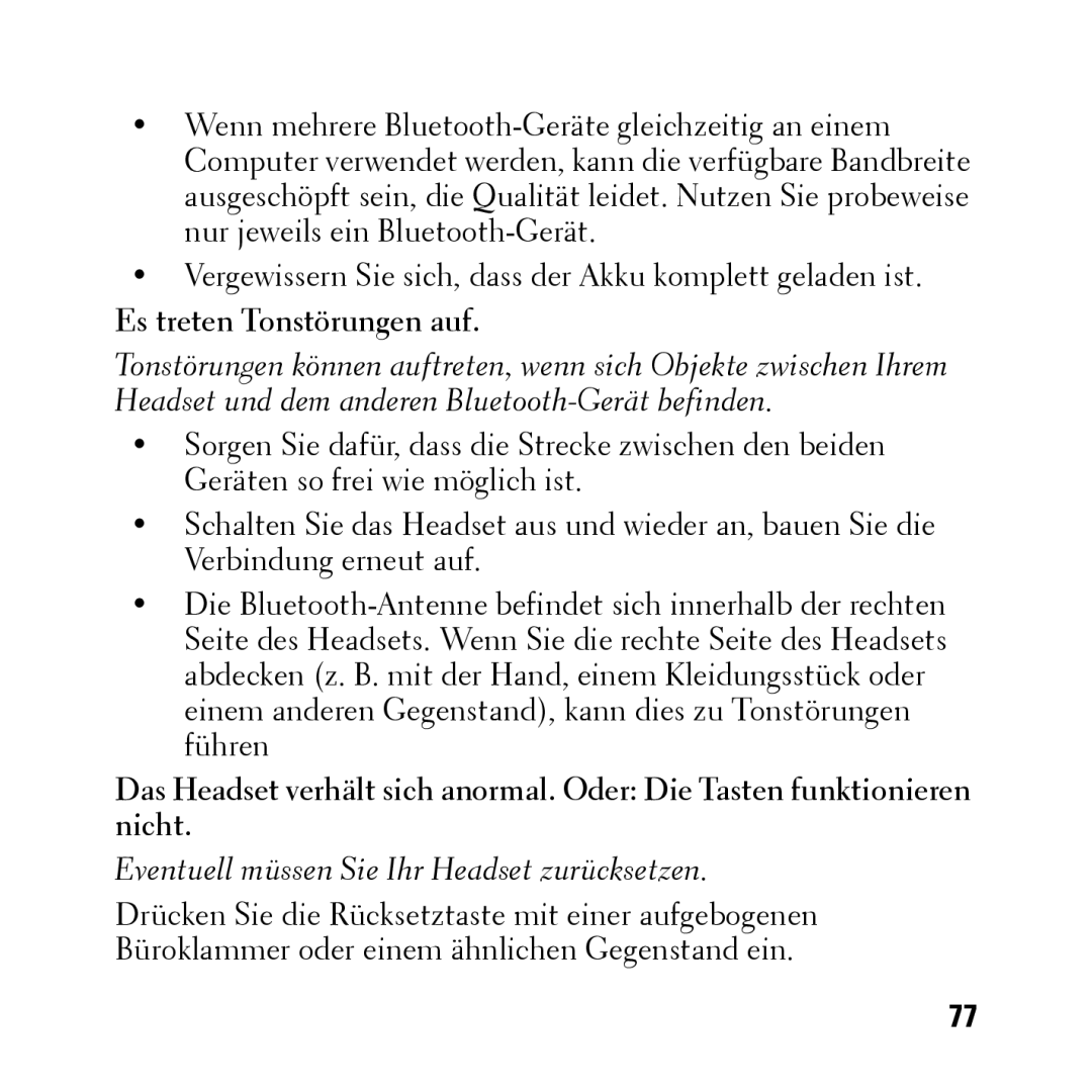 Dell BH200 owner manual Es treten Tonstörungen auf, Eventuell müssen Sie Ihr Headset zurücksetzen 