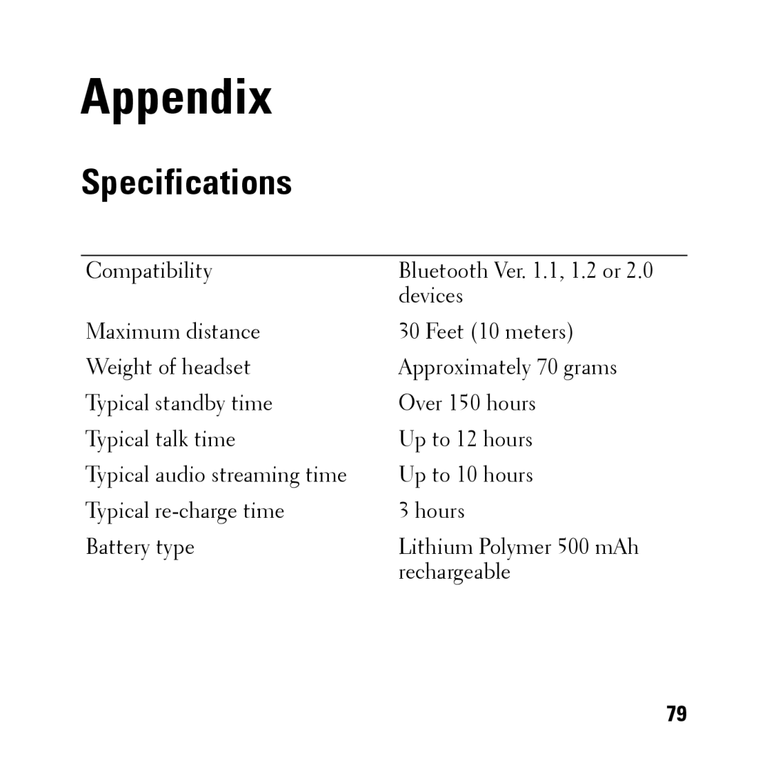 Dell BH200 owner manual Appendix, Specifications 