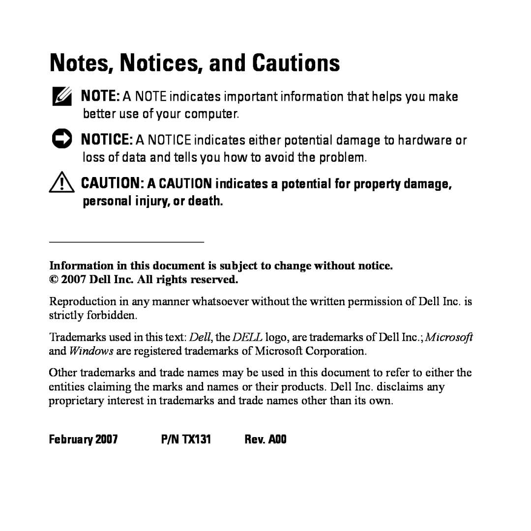 Dell BH200 owner manual Notes, Notices, and Cautions, February, P/N TX131 