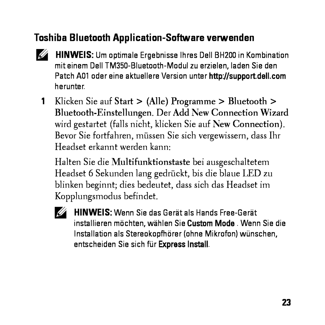 Dell BH200 owner manual Toshiba Bluetooth Application-Softwareverwenden 