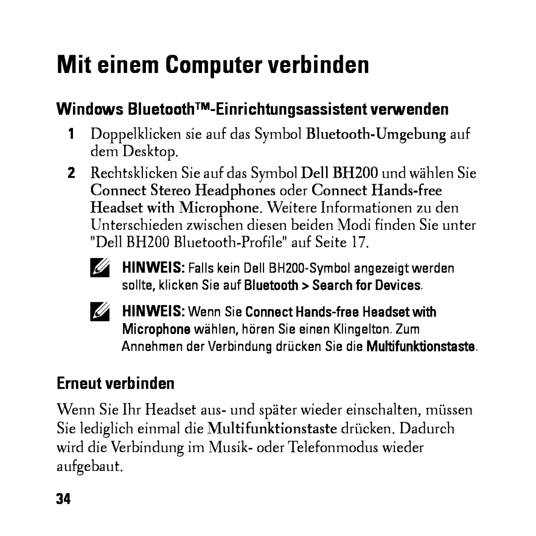Dell BH200 owner manual Mit einem Computer verbinden, Windows Bluetooth-Einrichtungsassistentverwenden, Erneut verbinden 