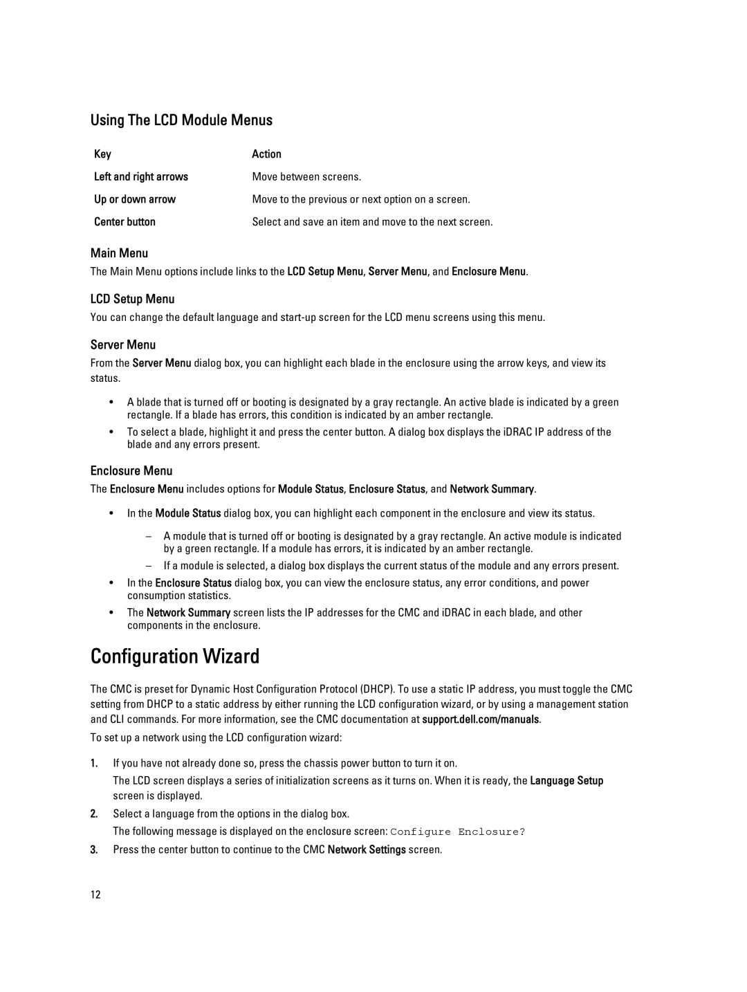 Dell BMX01 owner manual Configuration Wizard, Using The LCD Module Menus, Center button 