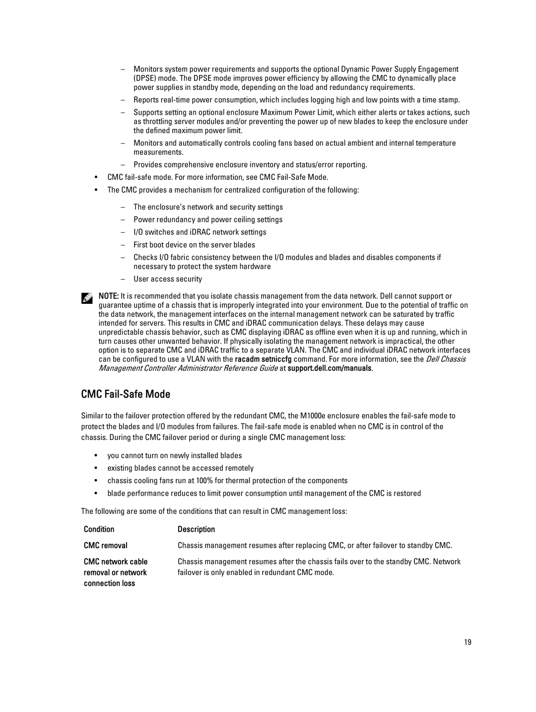 Dell BMX01 owner manual CMC Fail-Safe Mode, Condition Description CMC removal, CMC network cable 