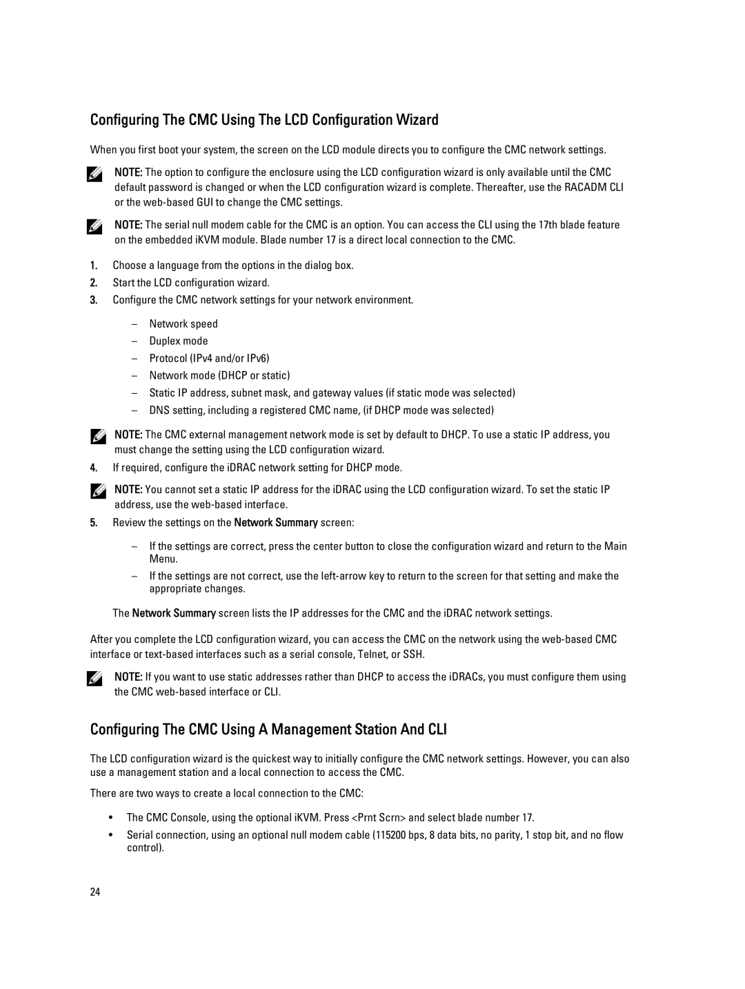 Dell BMX01 Configuring The CMC Using The LCD Configuration Wizard, Configuring The CMC Using a Management Station And CLI 