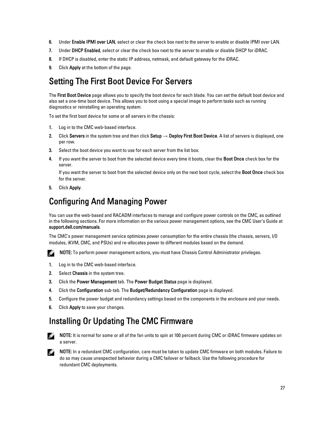 Dell BMX01 owner manual Setting The First Boot Device For Servers, Configuring And Managing Power 