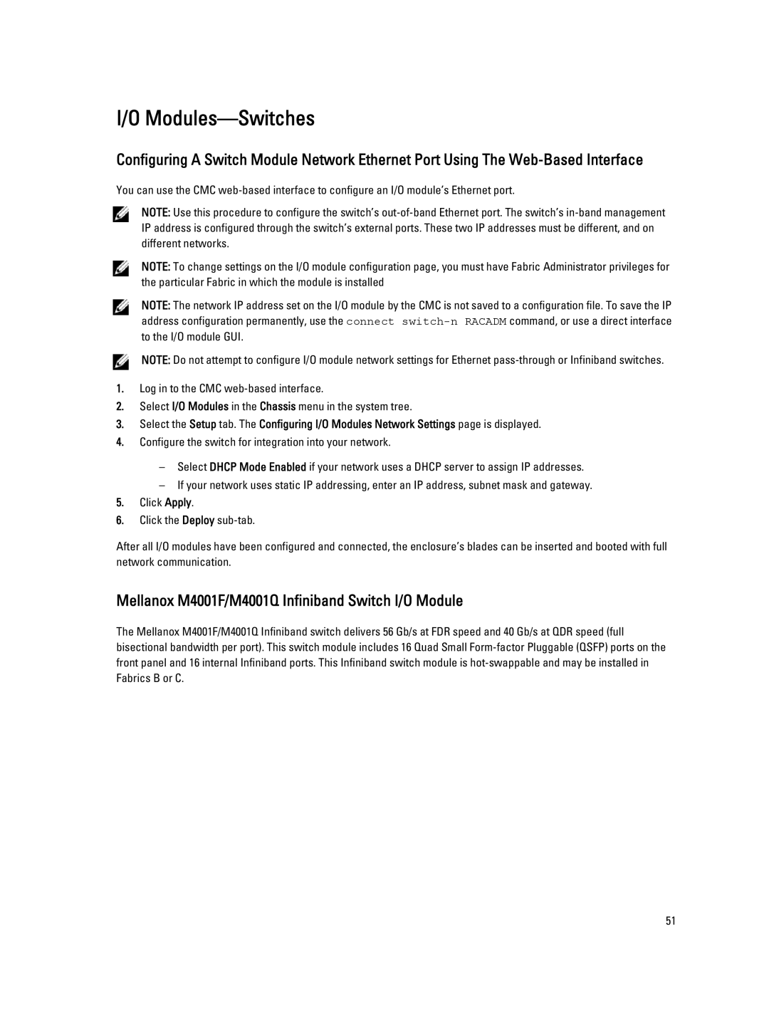 Dell BMX01 owner manual Modules-Switches, Mellanox M4001F/M4001Q Infiniband Switch I/O Module 