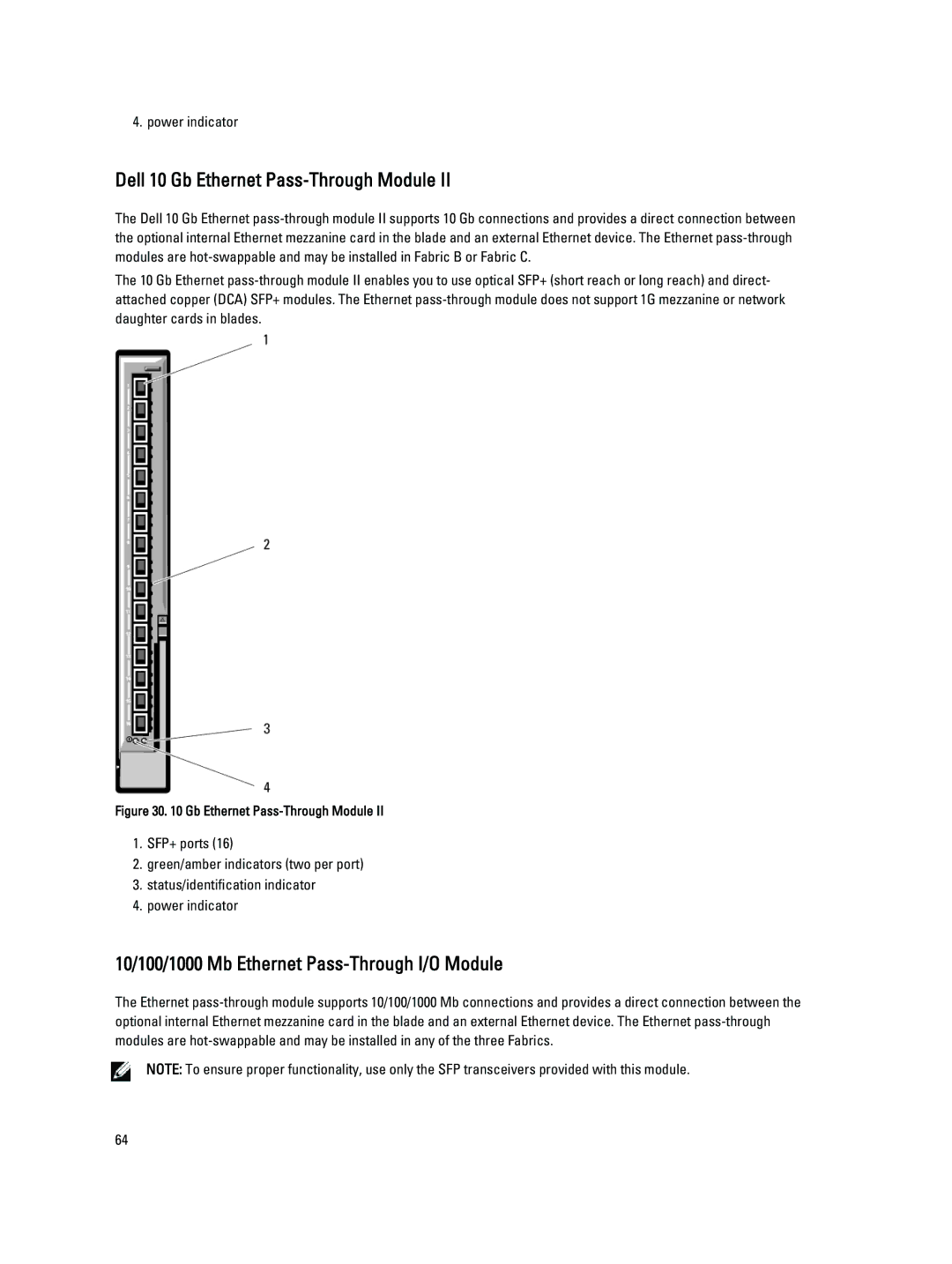 Dell BMX01 owner manual Dell 10 Gb Ethernet Pass-Through Module, 10/100/1000 Mb Ethernet Pass-Through I/O Module 