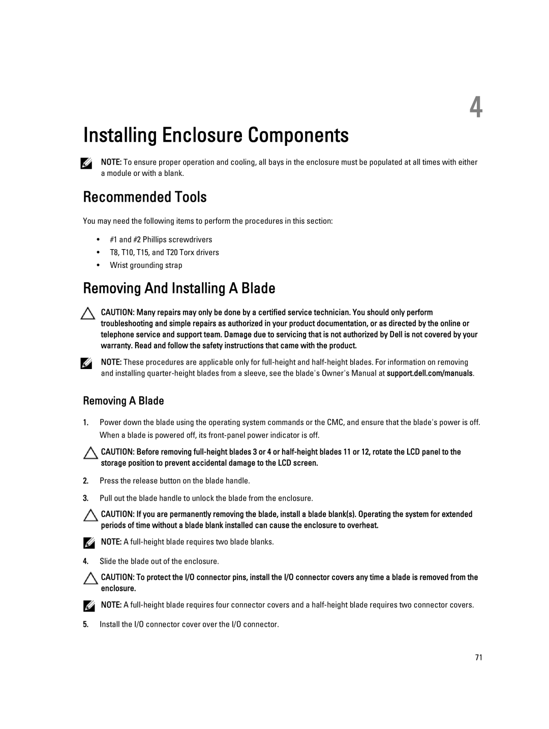 Dell BMX01 owner manual Recommended Tools, Removing And Installing a Blade, Removing a Blade 