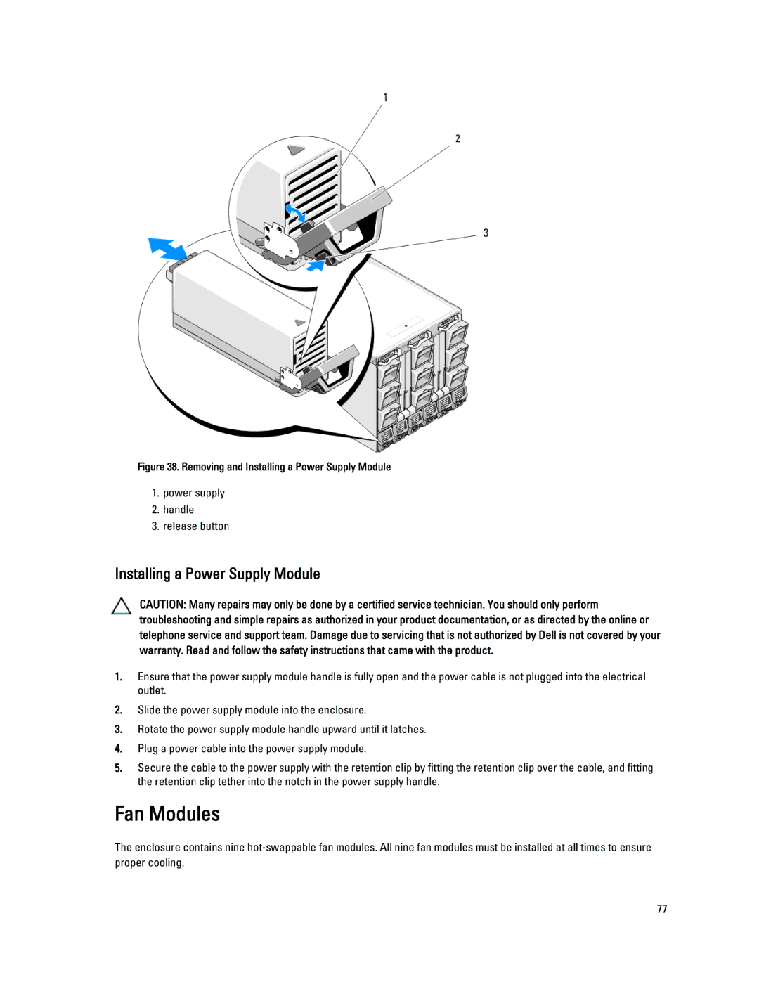 Dell BMX01 owner manual Fan Modules, Installing a Power Supply Module 