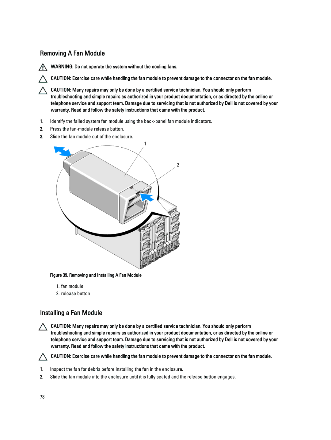 Dell BMX01 owner manual Removing a Fan Module, Installing a Fan Module 