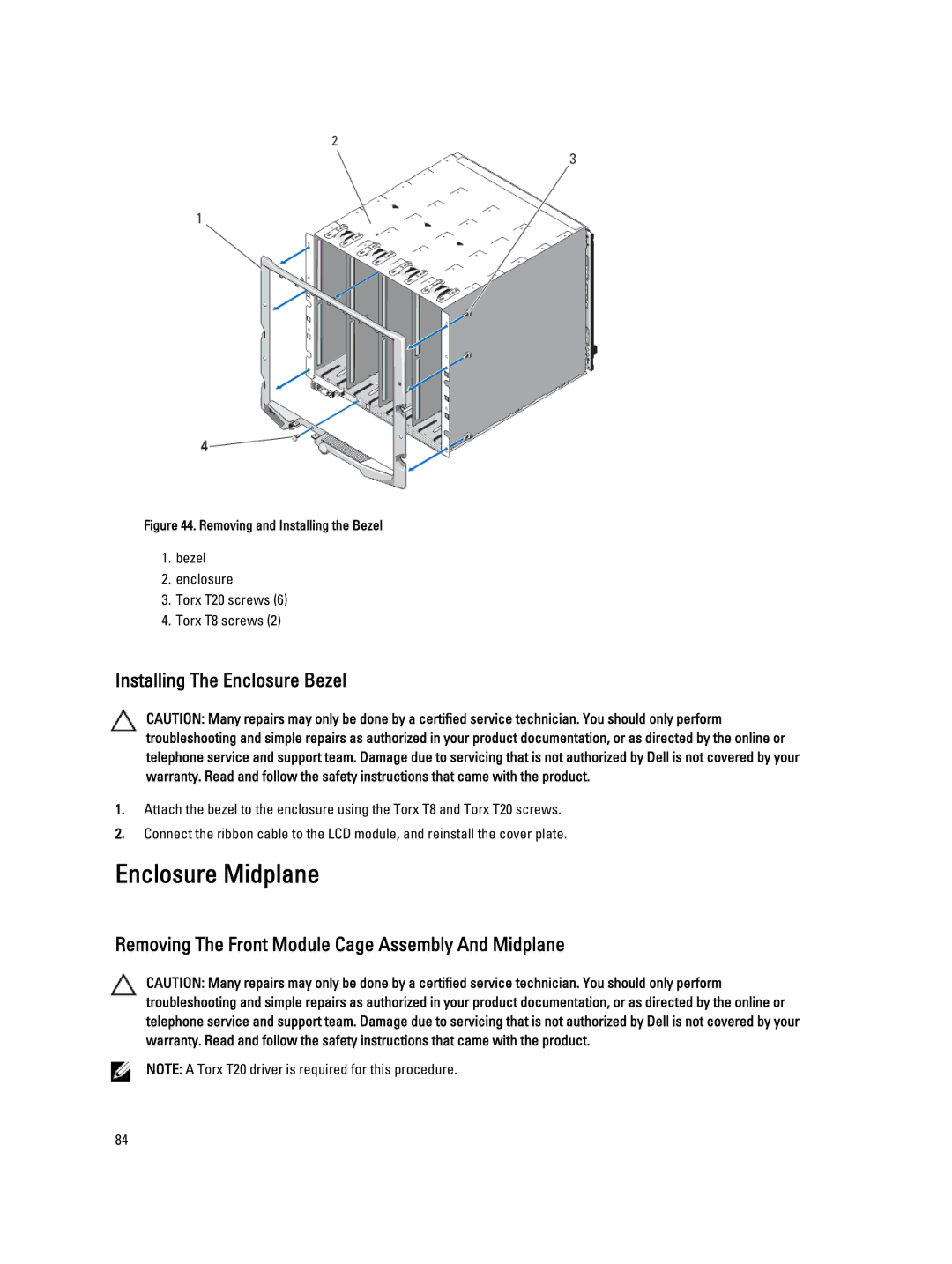 Dell BMX01 Enclosure Midplane, Installing The Enclosure Bezel, Removing The Front Module Cage Assembly And Midplane 