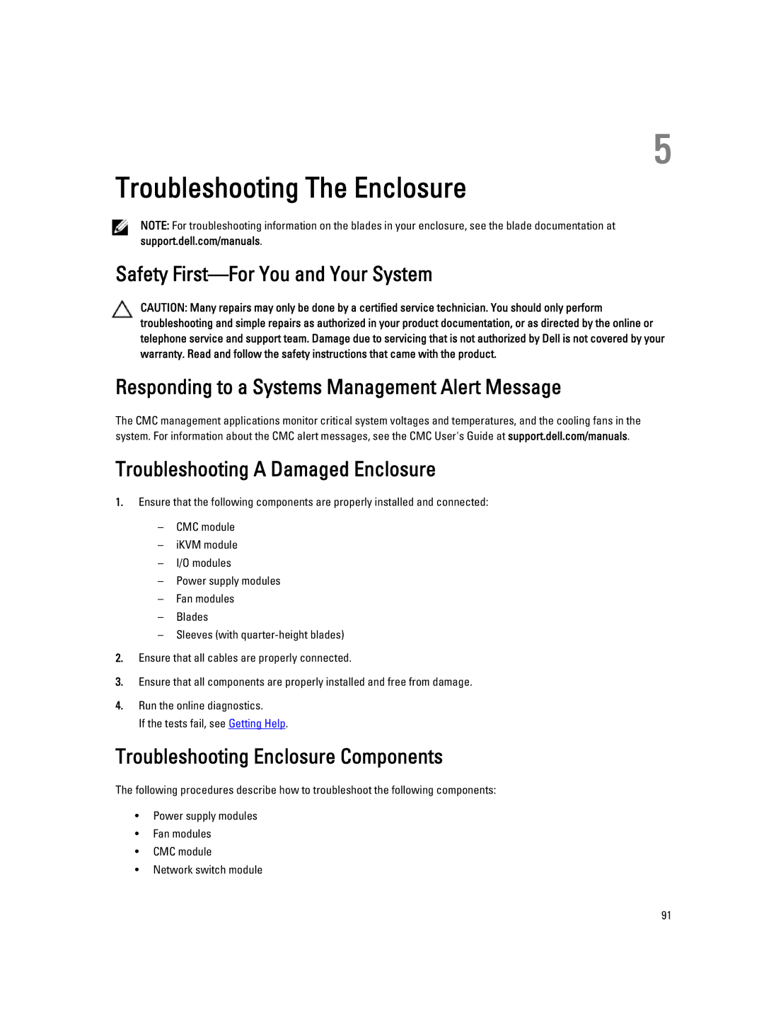 Dell BMX01 owner manual Troubleshooting The Enclosure, Troubleshooting Enclosure Components 