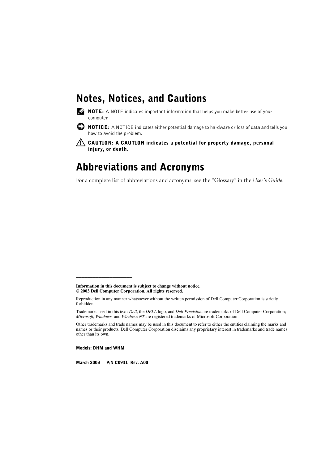 Dell C0931 manual Abbreviations and Acronyms 