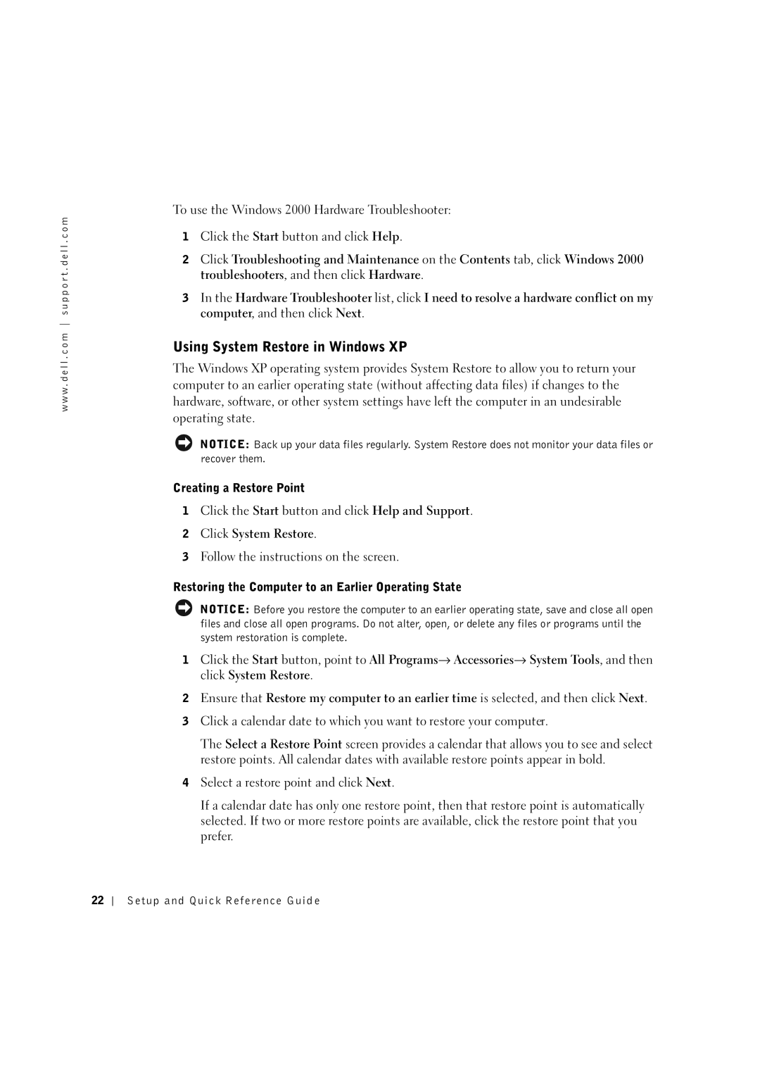 Dell C0931 manual Using System Restore in Windows XP 