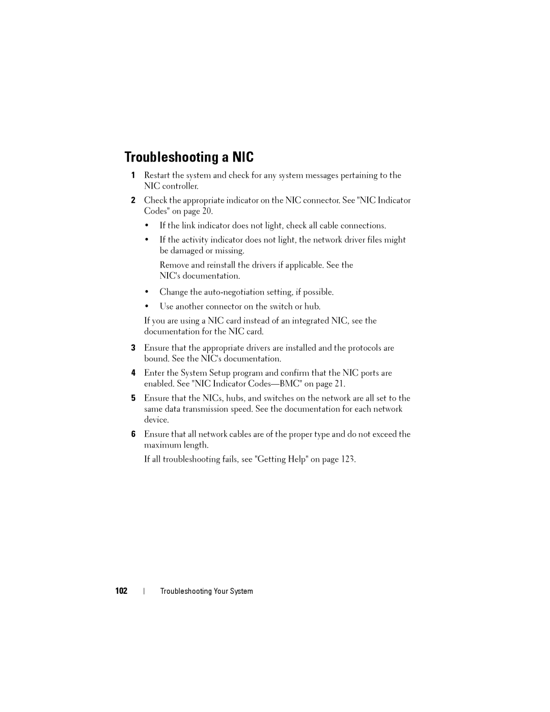 Dell C1100 owner manual Troubleshooting a NIC, 102 