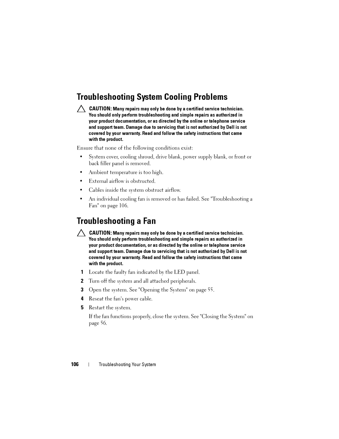 Dell C1100 owner manual Troubleshooting System Cooling Problems, Troubleshooting a Fan, 106 