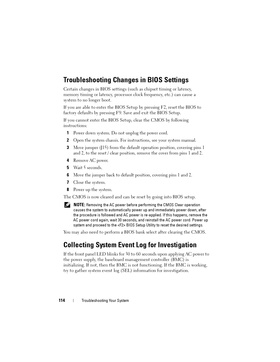 Dell C1100 owner manual Troubleshooting Changes in Bios Settings, Collecting System Event Log for Investigation, 114 