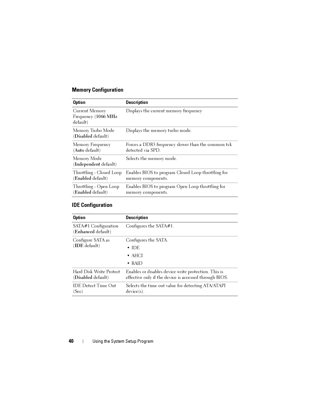 Dell C1100 owner manual Memory Configuration, IDE Configuration 